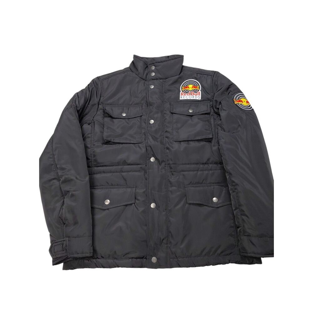 Red Bull Records Men's Puffer Jacket Full Zip Size Medium Patch Embroide Logos